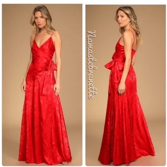 Nwt Lulu's Red Floral Jacquard Satin Wrap Maxi Dress, Formal - Picture 1 of 17
